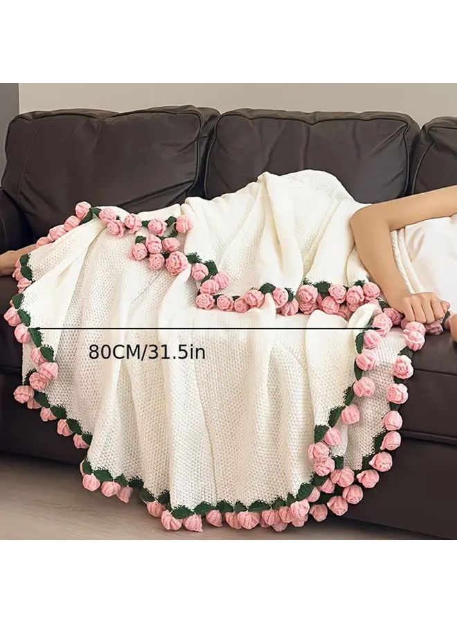 باقة ورد كروشيه وردية بطانية مبطنة محبوكة يدويًا لحاف ناعم غطاء أريكة هدية زفاف - Image 4