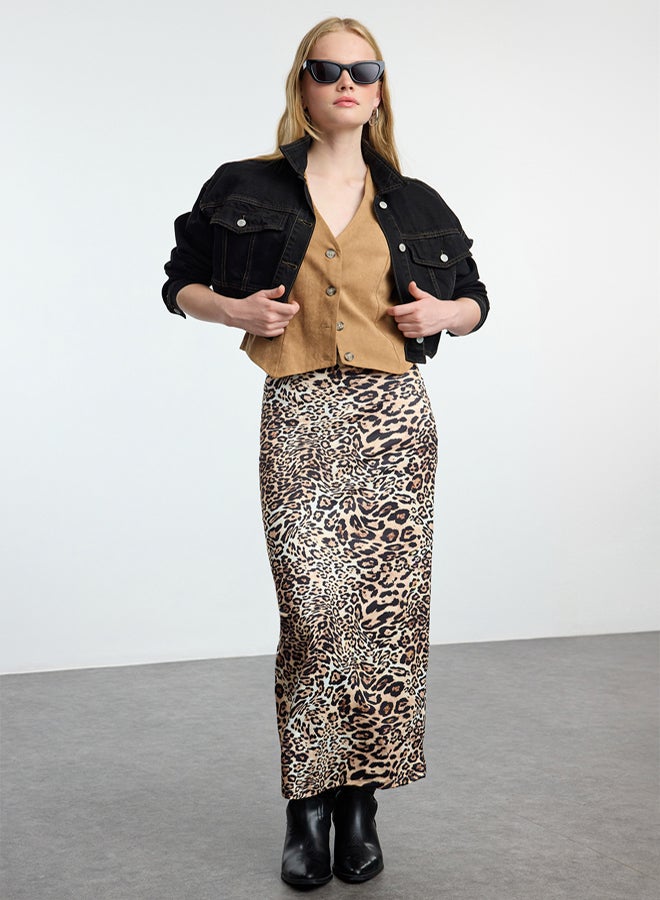 trendyol Brown Leopard Animal Printed Elastic Waist Maxi Pencil Skirt - Image 2