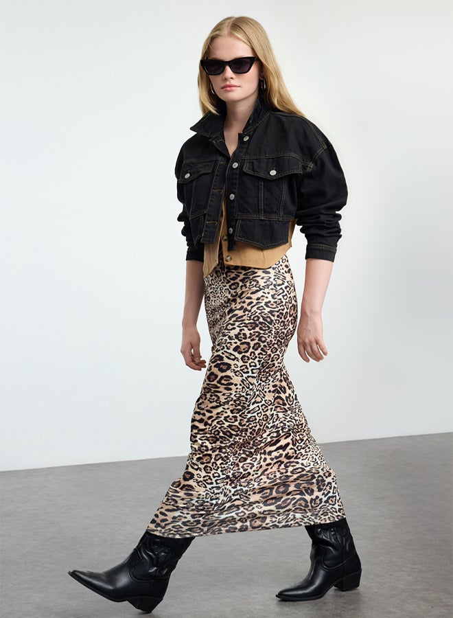 trendyol Brown Leopard Animal Printed Elastic Waist Maxi Pencil Skirt - Image 1