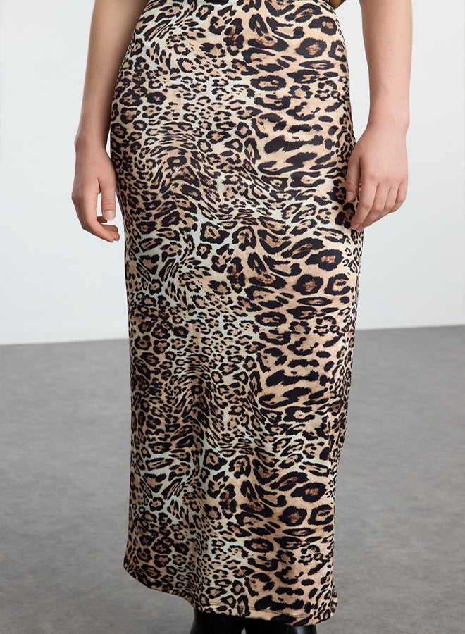 trendyol Brown Leopard Animal Printed Elastic Waist Maxi Pencil Skirt - Image 4