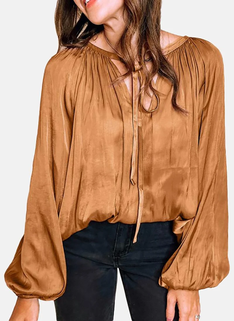 يونيكي Brown Solid Long Sleeve Tie-up Tunics