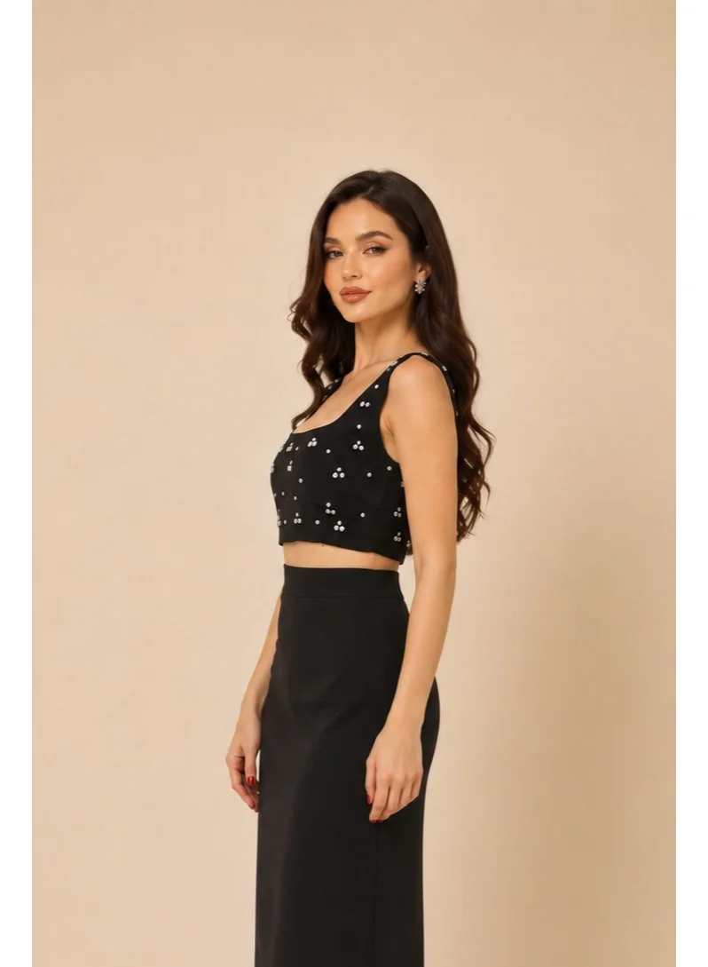 2Trendy Women's Rhinestone Embellished Crop Top - Black