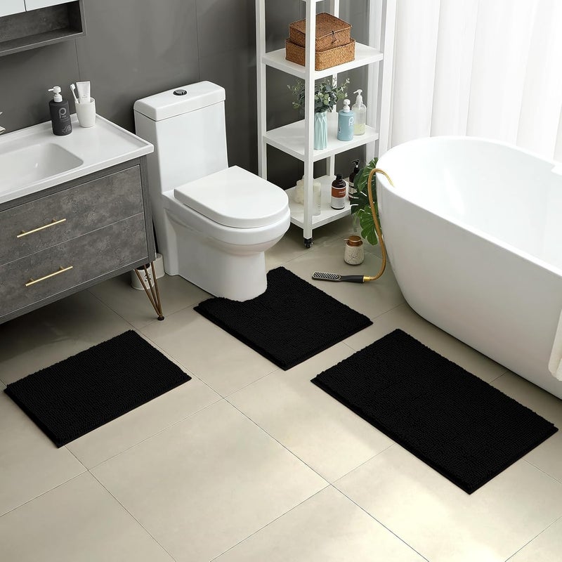 HOMEIDEAS 3 Pieces Chenille Bath Rug Set Ultra Soft Non Slip Plush Bathroom Mat Absorbent Washable Dryable for Tub - Image 2