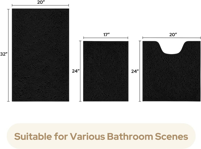 HOMEIDEAS 3 Pieces Chenille Bath Rug Set Ultra Soft Non Slip Plush Bathroom Mat Absorbent Washable Dryable for Tub - Image 3