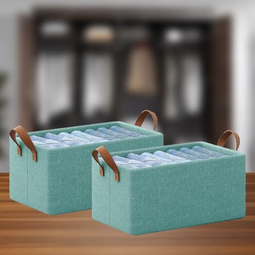 CANWAY 2 Pieces Wardrobe Organizer, 26L Foldable Clothes Organiser with Handles for Closet, Drawer & Shelf | Cloth Box for Clothes & Blankets | 47×27×20 cm (Green) - Image 1