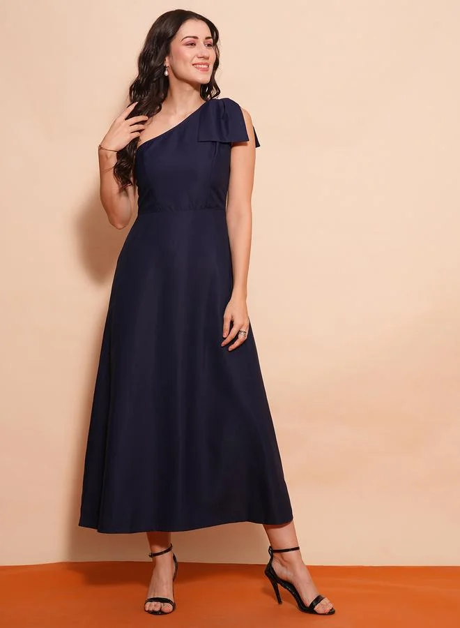 globus Globus Women Navy Blue Solid One Shoulder A-Line Maxi Dress with Bow Detail