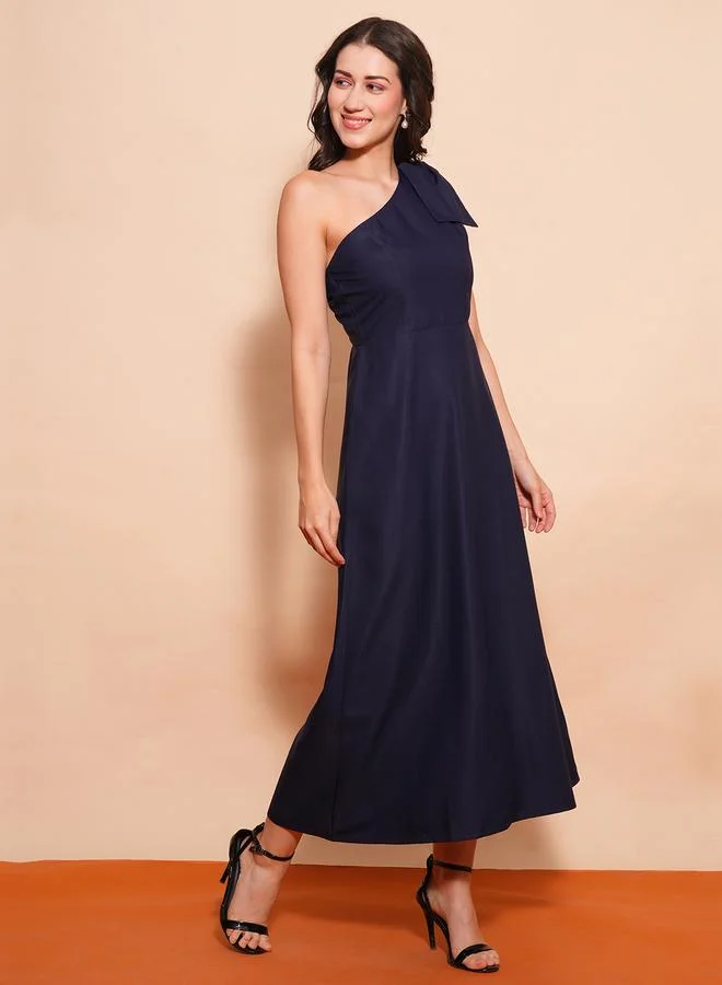 globus Globus Women Navy Blue Solid One Shoulder A-Line Maxi Dress with Bow Detail