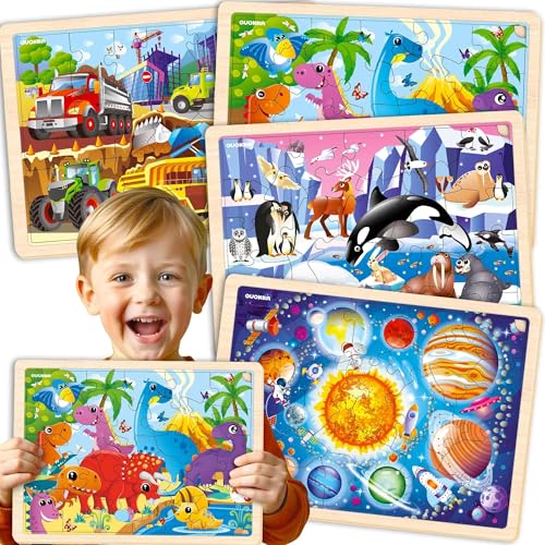 QUOKKA 4SET Puzzles for Kids Ages 46 36 Pcs Wooden Realistic Montessori Toddler Puzzles Ages 35 Animals Dinosaurs Learning Games for Boys and Girls 48 Year Olds