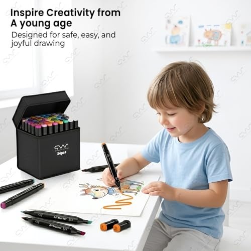 Cable World Dual Tips 24 Colors Markers Set, Art Markers for Adult Coloring Books, Artist Drawing Sketch Markers Set with Fine & Brush Tip (24 Pcs) - Image 3