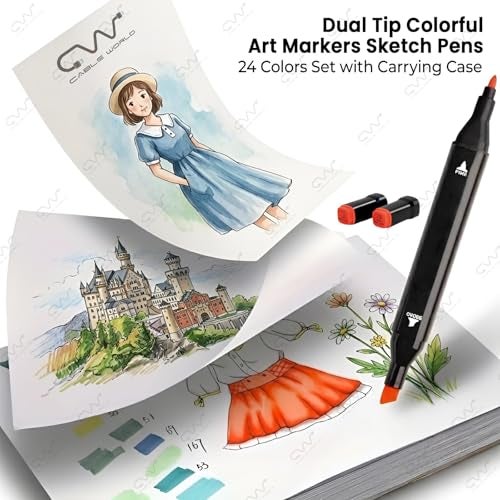 Cable World Dual Tips 24 Colors Markers Set, Art Markers for Adult Coloring Books, Artist Drawing Sketch Markers Set with Fine & Brush Tip (24 Pcs) - Image 2