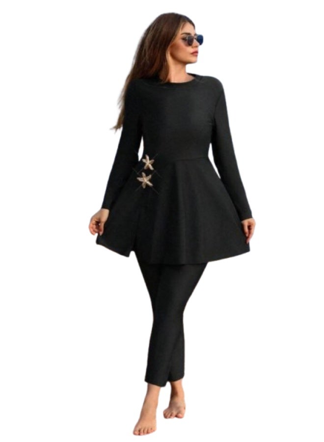 Women's long tunic swimsuit - stars - Plain Black - Image 1