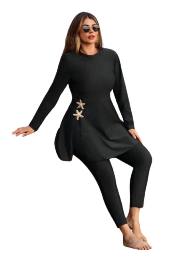 Women's long tunic swimsuit - stars - Plain Black - Image 3