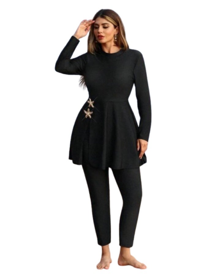 Women's long tunic swimsuit - stars - Plain Black - Image 2