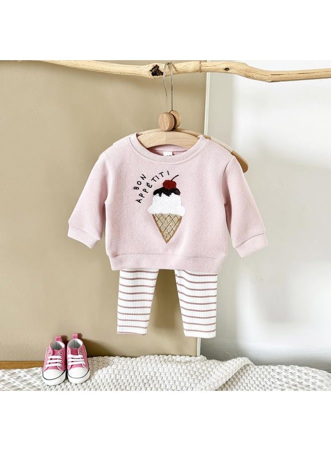 Korago Baby Girls Clothes 2-Piece Set Fall Long Sleeve Top & Pants Outfit Ice Cream Embroidery Soft Toddler Outfit 6M 18M 3T, Pink, 2-3 Years - Image 5