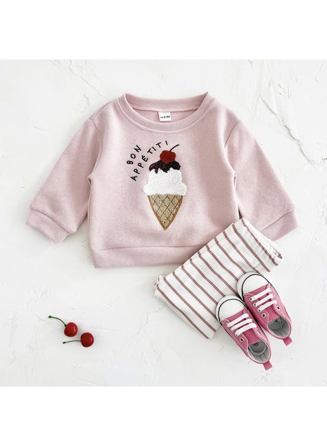 Korago Baby Girls Clothes 2-Piece Set Fall Long Sleeve Top & Pants Outfit Ice Cream Embroidery Soft Toddler Outfit 6M 18M 3T, Pink, 2-3 Years - Image 2