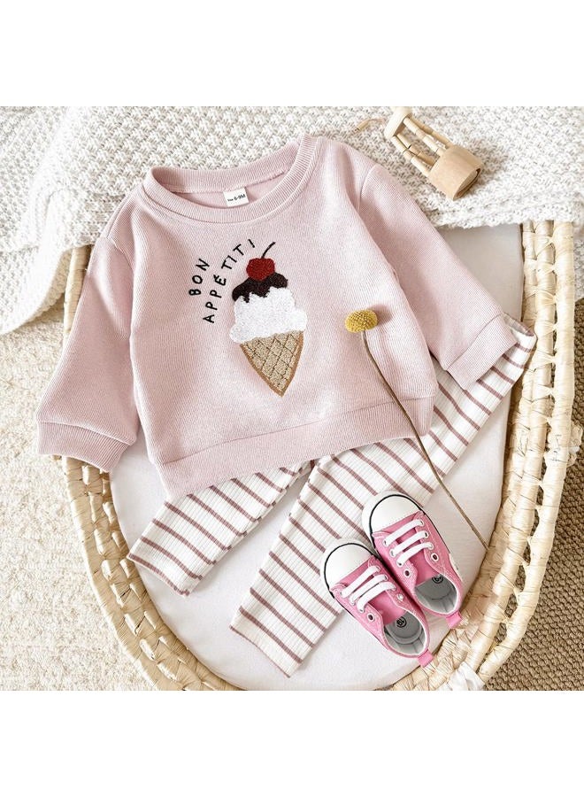 Korago Baby Girls Clothes 2-Piece Set Fall Long Sleeve Top & Pants Outfit Ice Cream Embroidery Soft Toddler Outfit 6M 18M 3T, Pink, 2-3 Years - Image 3