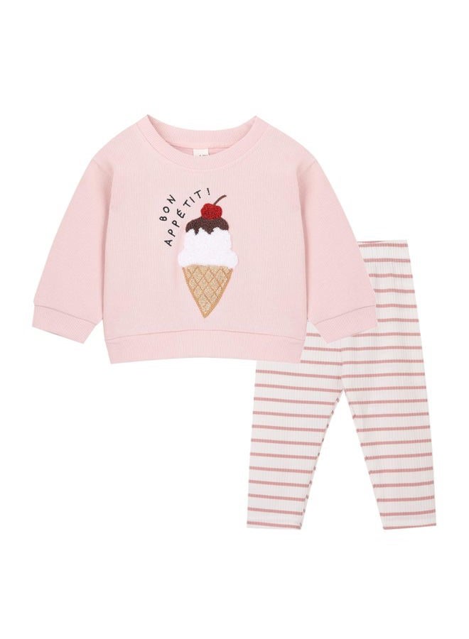 Korago Baby Girls Clothes 2-Piece Set Fall Long Sleeve Top & Pants Outfit Ice Cream Embroidery Soft Toddler Outfit 6M 18M 3T, Pink, 2-3 Years - Image 1