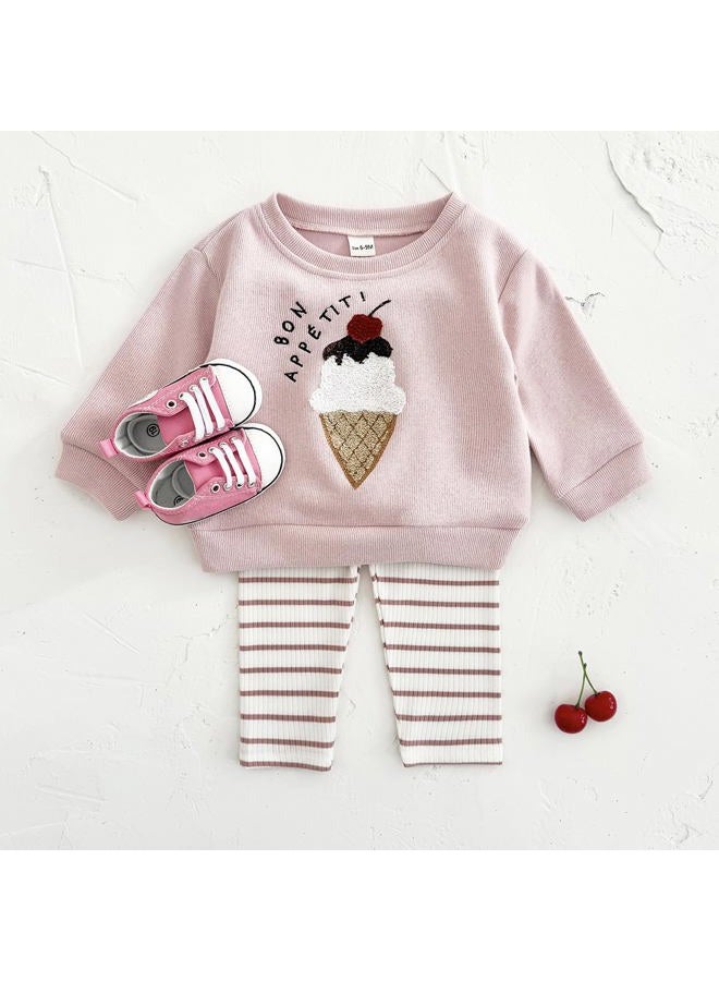 Korago Baby Girls Clothes 2-Piece Set Fall Long Sleeve Top & Pants Outfit Ice Cream Embroidery Soft Toddler Outfit 6M 18M 3T, Pink, 2-3 Years - Image 4