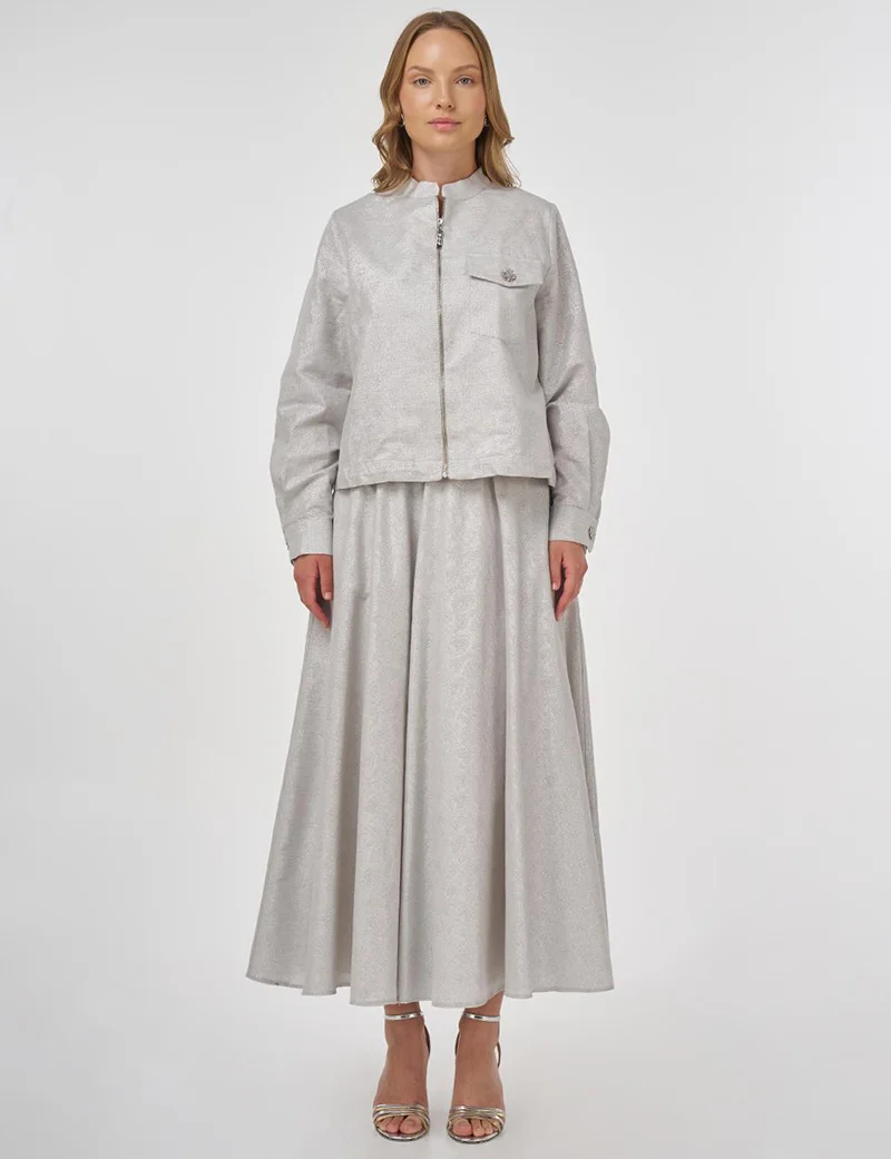 Kayra طقم تنورة جاكار مزين بأحجار لامعة باللون الرمادي الفاتح