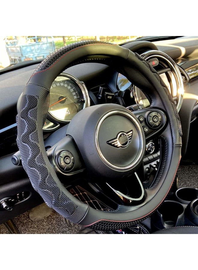 PINCTROT Steering Wheel Cover Great Grip with 3D Honeycomb Anti-Slip Design, Universal 14.5-15 Inch (Black/Red Stitch) - Image 1