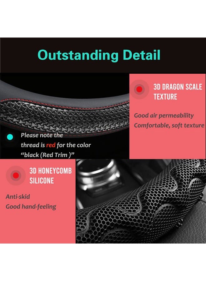 PINCTROT Steering Wheel Cover Great Grip with 3D Honeycomb Anti-Slip Design, Universal 14.5-15 Inch (Black/Red Stitch) - Image 3