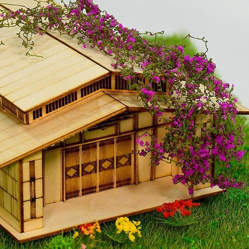 Miniature simulated landscape of climbing vines, ivy, leaves, wall models, cotton thread, multi-colored roof, moss, and green plants - Image 5