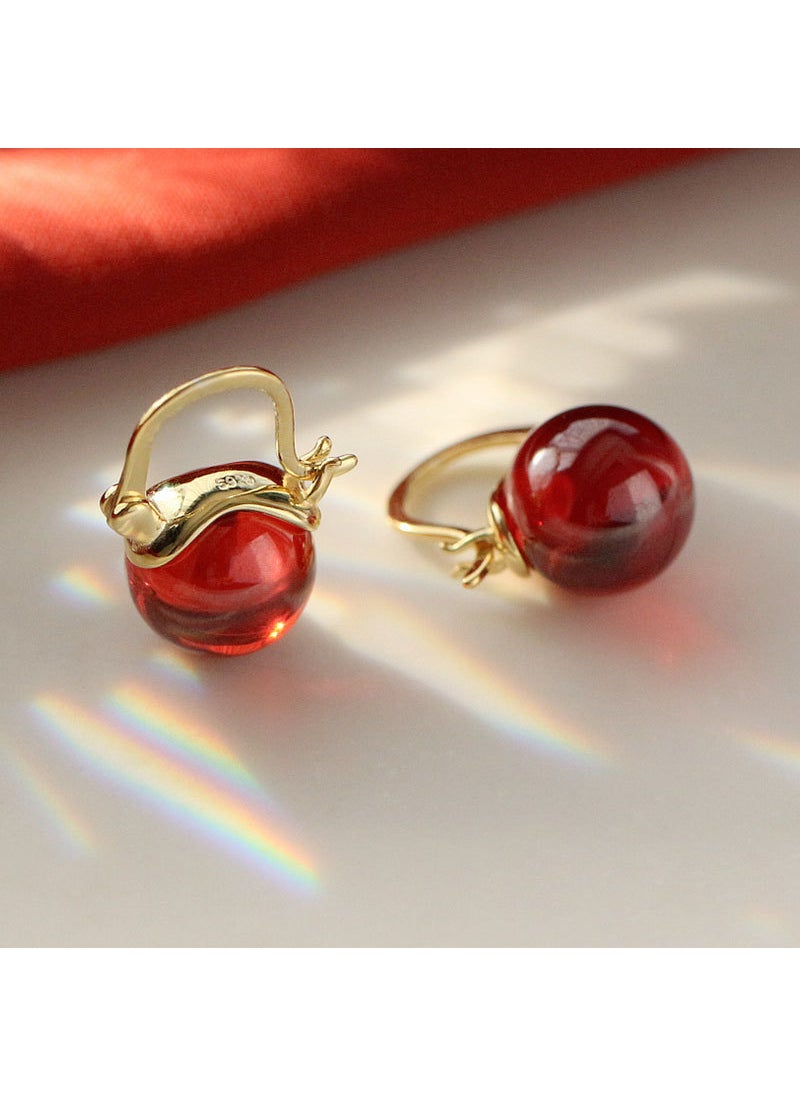 Generic - Red Garnet S925 Silver Earrings Pearl Vintage Studs Garnet Earrings-Gold - Image 1