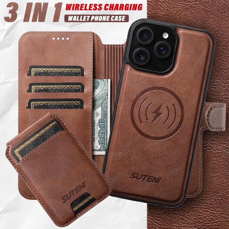 Suteni For Iphone 13 Pro Max Q05S2 3-In-1 Detachable Vertical Flip Wallet Magsafe Leather Phone Case(Brown) - Image 4