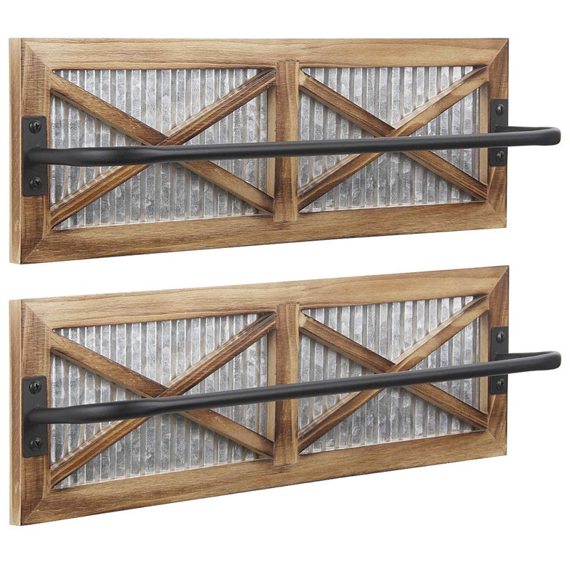 Butizone 2PCS Rustic Bathroom Towel Rack Butizone Wall Mounted Towel Bar Holder with Weathered Wood and Corrugated Galvanized Metal Farmhouse Rack for Hanging Towel Towels are not Included