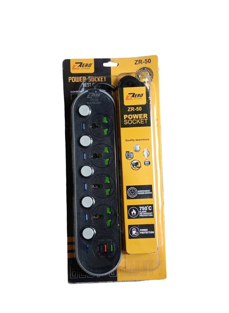 زيرو شريط طاقة متعدد المنافذ Zero ZR-50 مع منافذ USB، وواقي من زيادة الطاقة العالية، و4 منافذ عالمية، و3 منافذ USB (بما في ذلك النوع C)، وحماية من الحمل الزائد، وكابل تمديد بطول 6.6 قدم للمنزل والمكتب والسفر - Image 5