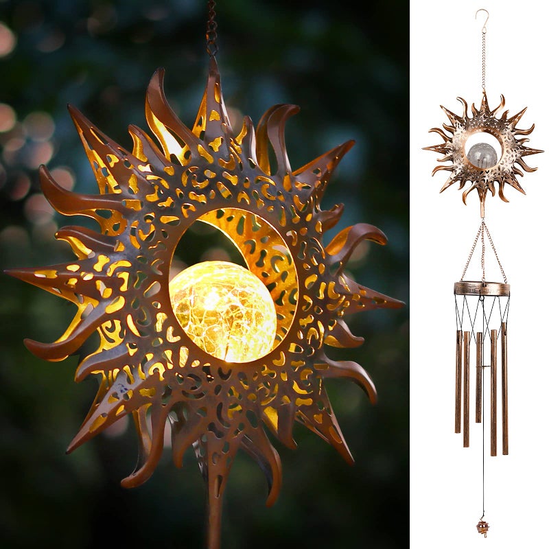 DesGully Solar Wind Chimes, Sun Wind Chime Outdoor Clearance w/Glowing Crackle Glass LED Unique Wind Bells for Outside Waterproof Chimes, Gifts for Her/Him (42" Long Metal Chimes)â€¦ - Image 1