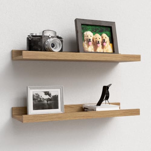 Boswillon Floating Shelves Wall Mounted Set of 2 Modern Wall Shelves for Storage with Lip Display Picture Ledge Shelf for Wall Decor Bedroom Living Room Bathroom Kitchen  Oak