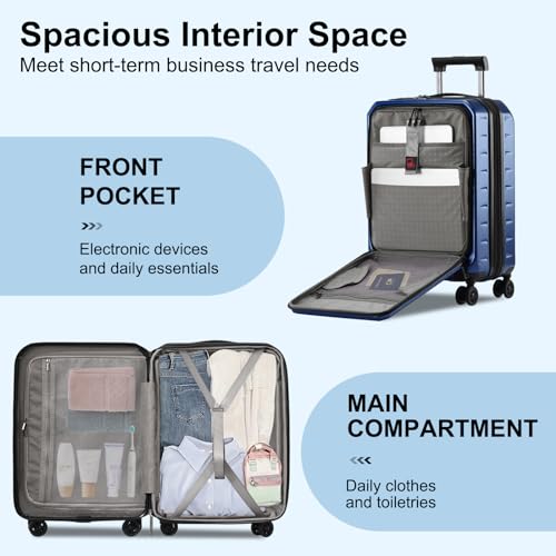 CENSIEN Expandable Carry On Luggage Airline Approved, 20 Inch Lightweight ABS+PC Hard Shell Suitcases with Front Pocket, Spinner Wheels, TSA Lock (Navy Blue, 1PC) - Image 4