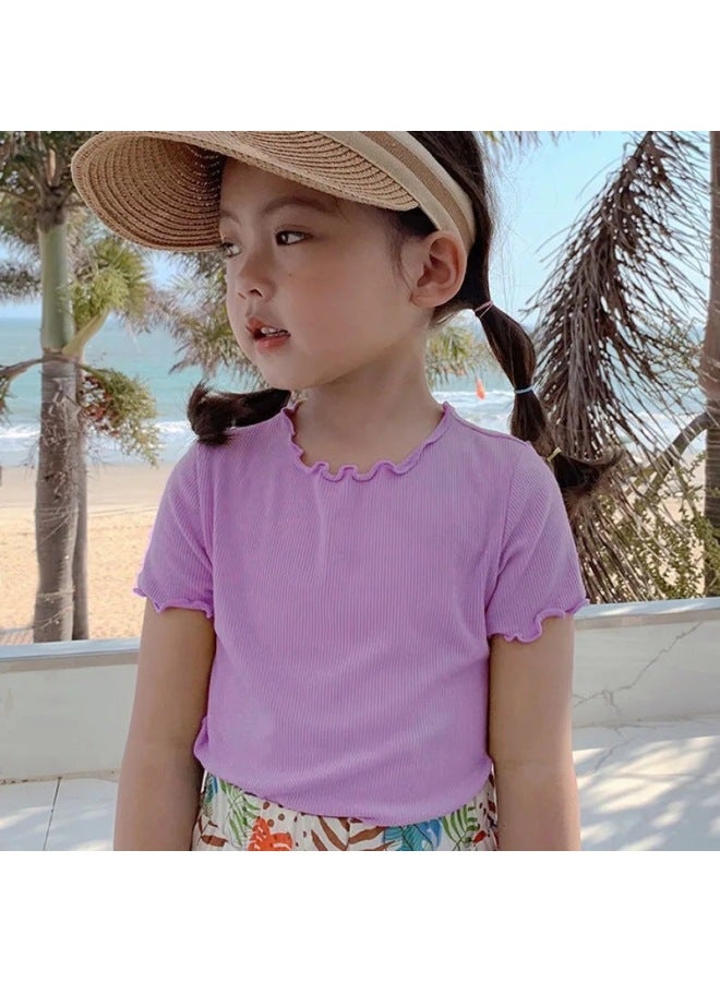 Summer New Korean Style Versatile Girls' Ruffled Edge Top Casual Short-sleeve T-shirt Simple Versatile Solid Color Base Layer