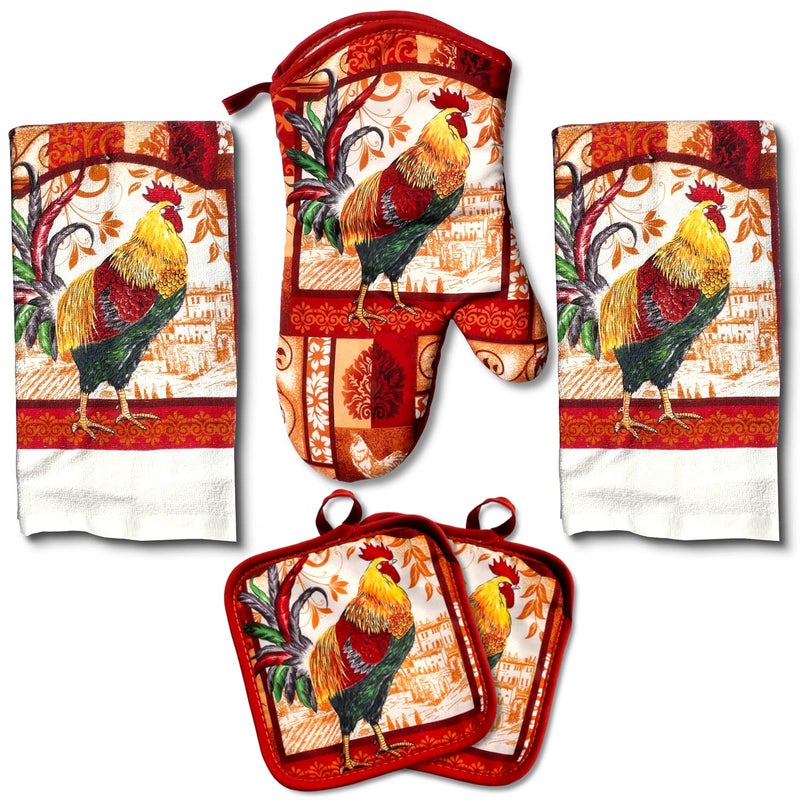 Lobyn Value Packs Decorative  Functional Rustic Rooster Kitchen Set  5 Pieces Perfect for Farmhouse Dcor Set includes 2 Dish Towel 2 Pot Holders 1 Oven Mitt  Kitchen Towel Set for Daily Use