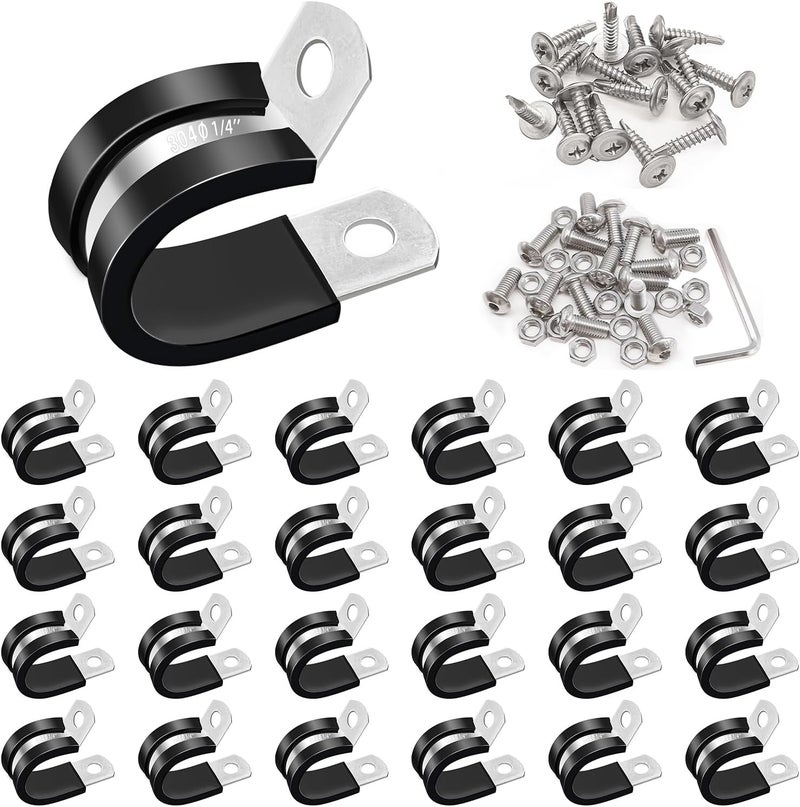 Taiss 50PCS 1/4 Inch Cable Clamps 304 Stainless Steel Rubber Cushion Insulated Pipe Clamps,Loop Clamps,Wire Clamps,Metal Clamp With two kinds of screws (6mm) F-098-6mm - Image 1