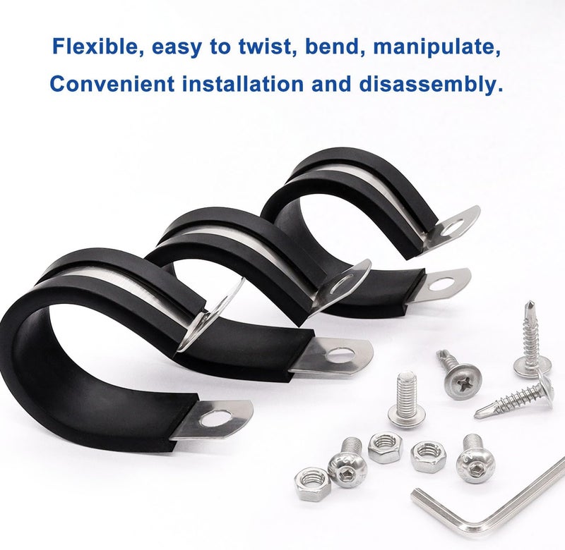 Taiss 50PCS 1/4 Inch Cable Clamps 304 Stainless Steel Rubber Cushion Insulated Pipe Clamps,Loop Clamps,Wire Clamps,Metal Clamp With two kinds of screws (6mm) F-098-6mm - Image 4