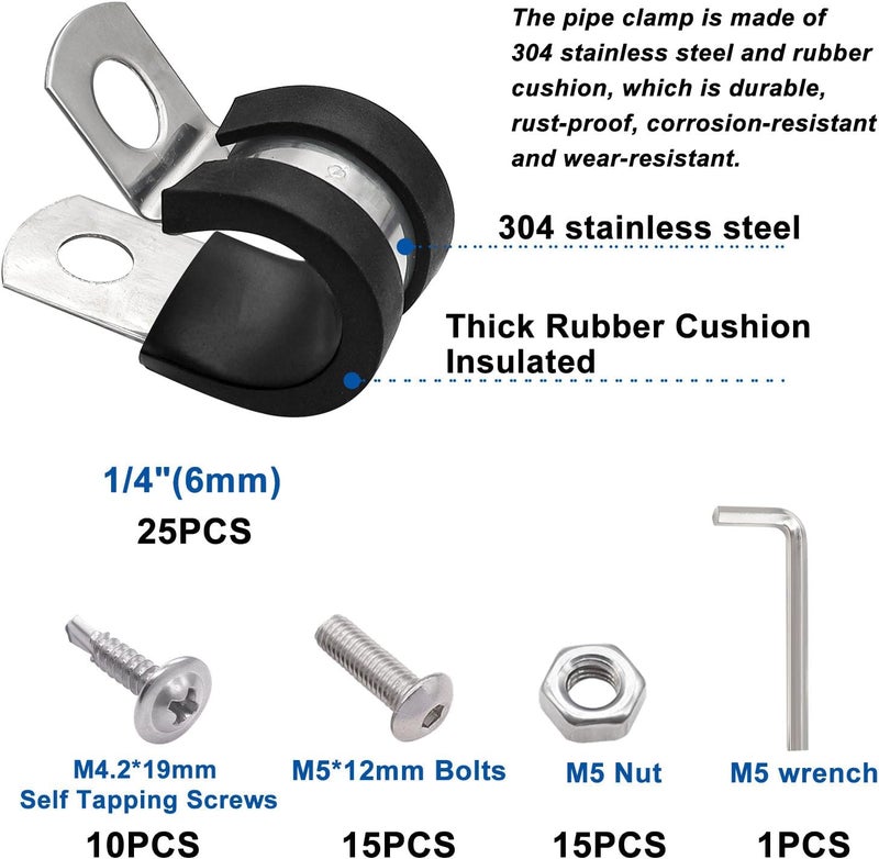Taiss 50PCS 1/4 Inch Cable Clamps 304 Stainless Steel Rubber Cushion Insulated Pipe Clamps,Loop Clamps,Wire Clamps,Metal Clamp With two kinds of screws (6mm) F-098-6mm - Image 2
