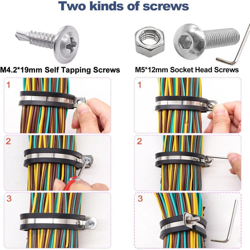 Taiss 50PCS 1/4 Inch Cable Clamps 304 Stainless Steel Rubber Cushion Insulated Pipe Clamps,Loop Clamps,Wire Clamps,Metal Clamp With two kinds of screws (6mm) F-098-6mm - Image 3
