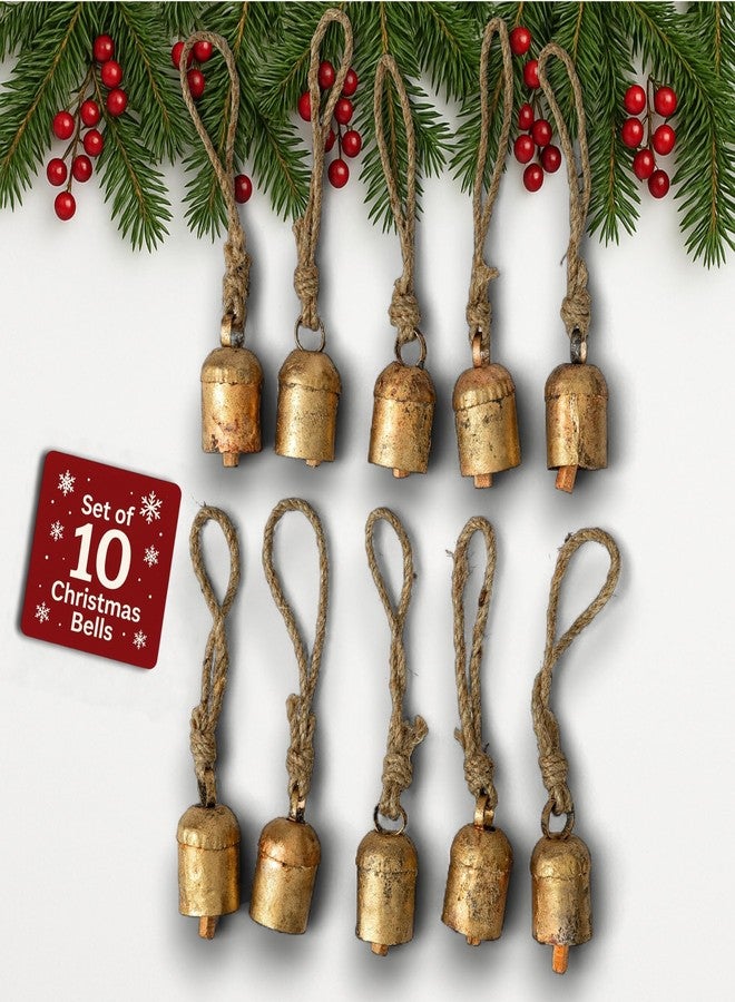 Mie Creations Set of 10 Rustic Vintage Cow Bells, Handmade Christmas Bells on Jute Rope, Decorative Christmas Tree Ornaments for Crafts, 2 in Jingle Bells, Metal Hanging Wreath Cowbells- Antique Gold - Image 1