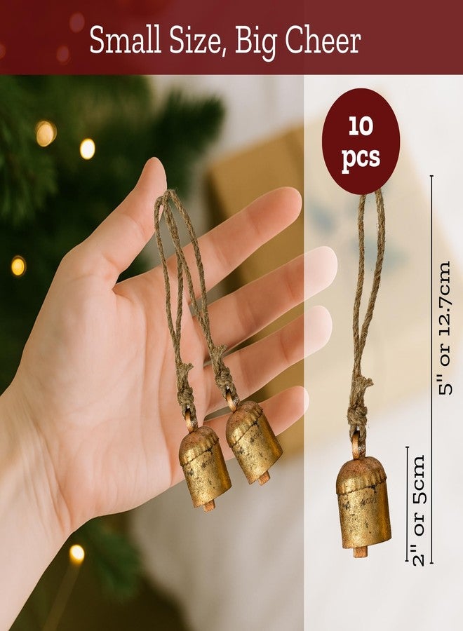 Mie Creations Set of 10 Rustic Vintage Cow Bells, Handmade Christmas Bells on Jute Rope, Decorative Christmas Tree Ornaments for Crafts, 2 in Jingle Bells, Metal Hanging Wreath Cowbells- Antique Gold - Image 4