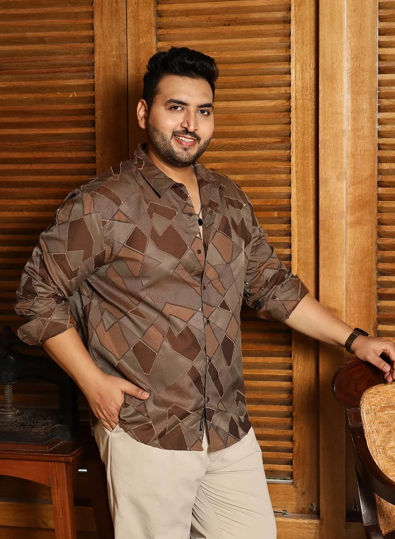 Instafab Plus Instafab Plus Men's Peanut Brown Block-Geometric Jacquard Shirt | Spread Collar , Short Cuffed Sleeves , Button Closure , Curved Hemline | Geometric Jacquard Cotton-Blend For Evening & Party Wear