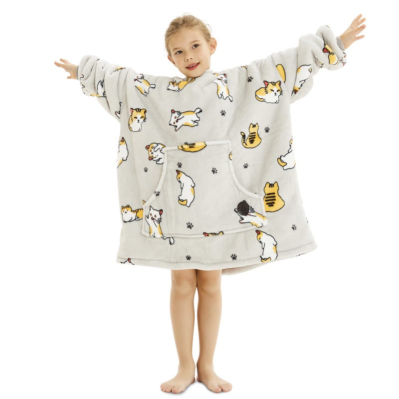 THREE POODLE THREE POODLE Wearable Blanket Hoodie for Kids Oversized Sherpa Sweatshirt Blanket with Giant Hood Warm Cozy Cat Hooded Blanket Cute Gifts for Kids Girls Boys 