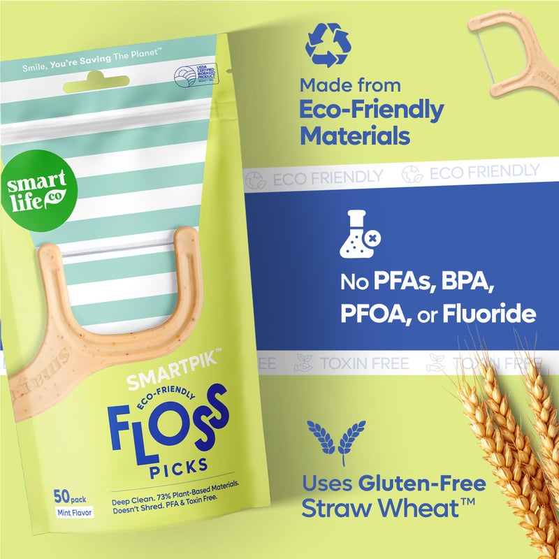 SmartLifeco Eco-Friendly Dental Floss Picks (200ct) - Flossers Made with Straw Wheat Blend, Superior Anti-Shred Thread for Tight Gaps, Tooth Pick Stick for Adults, Soft on Gum & Teeth, Vegan, Mint - Image 4
