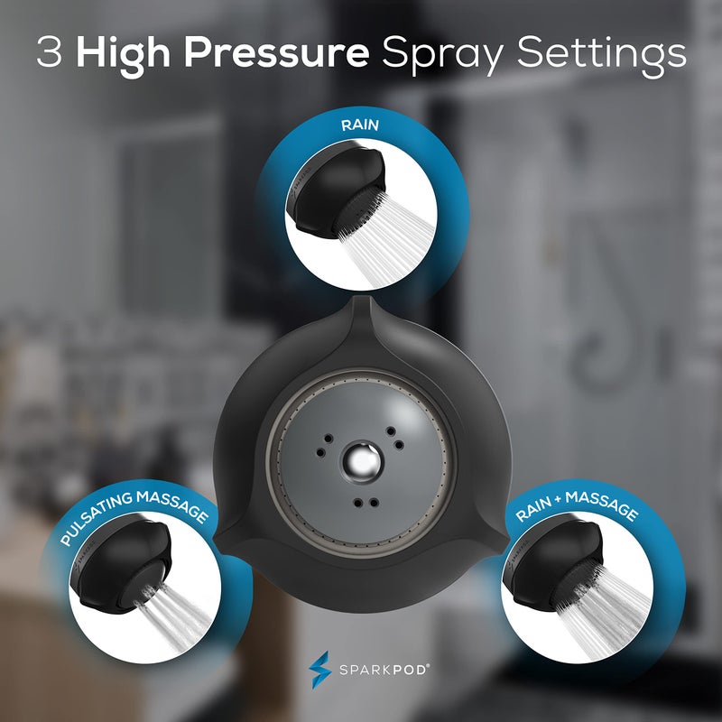 SparkPod 3-Inch Extreme High Pressure Shower Heads - Pressure Boosting with Rain, Massage & Pulsating Mode, Powerful Water-Saving Showerhead - 2.5 GPM Fixed Shower Head (Midnight Black Matte) - Image 5