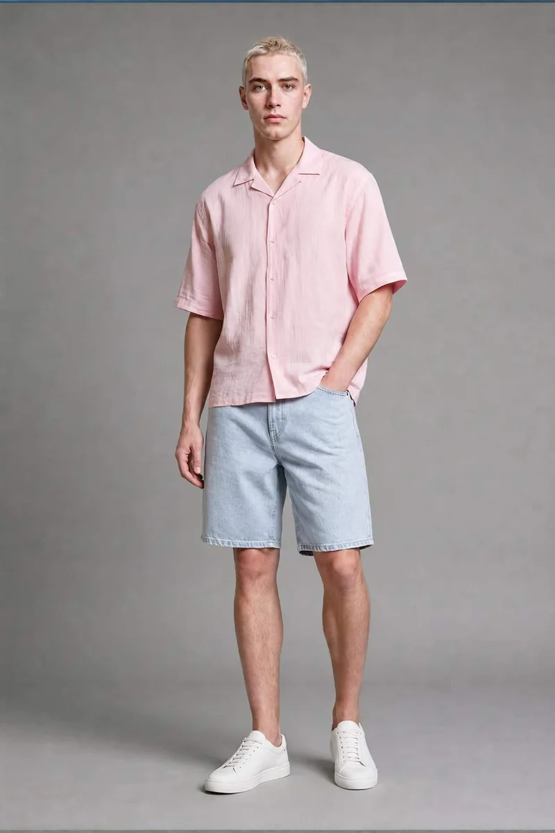 ديفاكتو Boxy Fit Embroidered Muslin Short Sleeve Pink Shirt