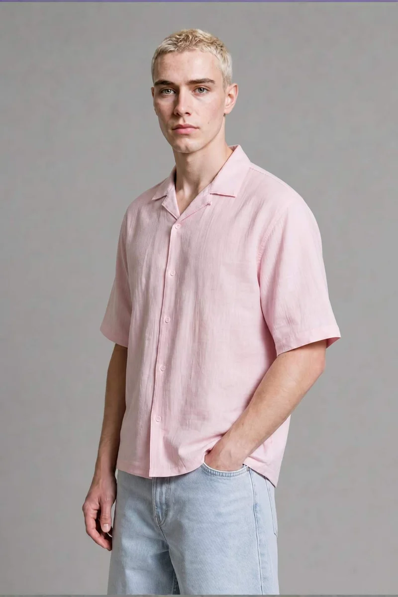 ديفاكتو Boxy Fit Embroidered Muslin Short Sleeve Pink Shirt