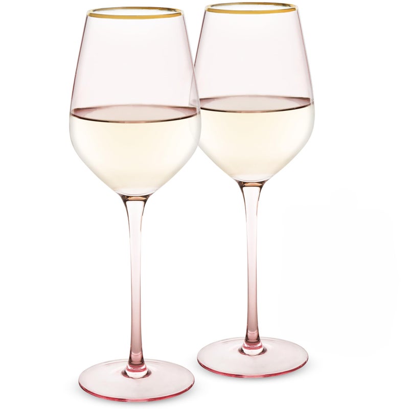 Twine Rose White Wine Glasses Gold Rimmed Pink Tinted Crystal Wine Glass Set Stemmed Wine Glasses Set of 2 14 Ounces
