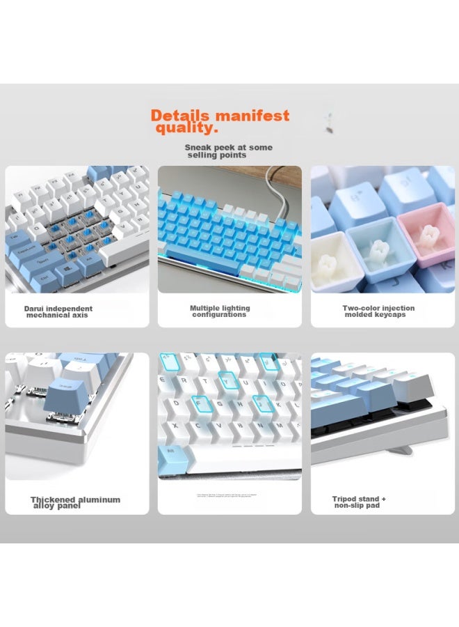 Daryo Dareu Ek815 Alloy Mechanical Keyboard, Wired Keyboard, Gaming Keyboard, 108-key E-sports Keyboard, For Women, Computer Keyboard, White And Blue, Black Switch - Image 1
