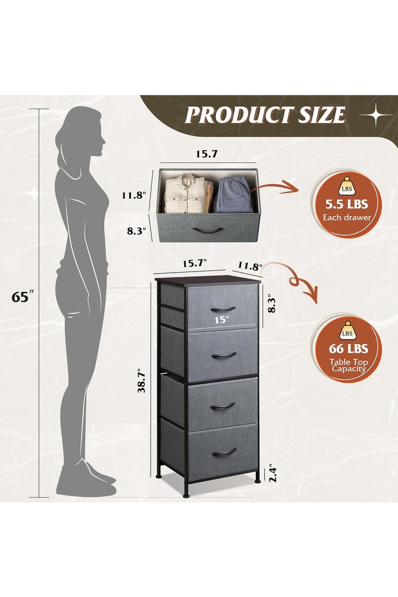 دبليو لايف درسر مع 4 أدراج، برج تخزين الأقمشة، وحدة تنظيم لغرفة النوم، الرواق، المدخل، الخزانات، إطار صلب صلب، أعلى الخشب، مقبض سحب سهل رمادي داكن - Image 3